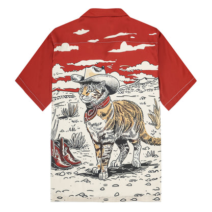 Western Cowboy Cat Print Camp Collar Short Sleeve Shirt