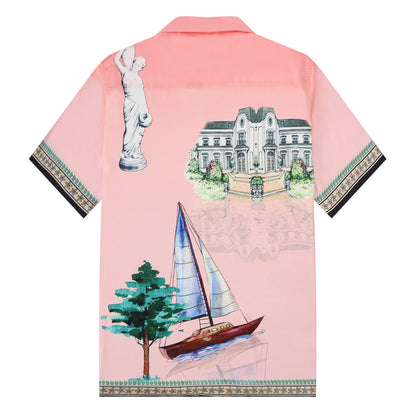 Pink Goddess Statue Pattern Camp Collar Casual Shirt
