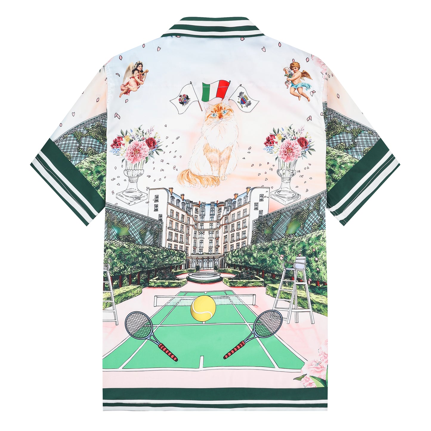 Tennis Court Cat Print Short Sleeve Camp Collar Shirt
