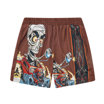 Skull Car Print Elastic Waistband Summer Casual Shorts