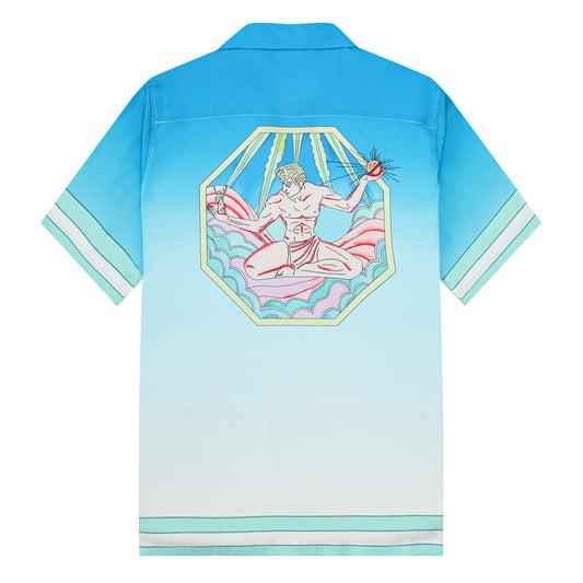 Tarot Pattern Camp Collar Casual Shirt in Gradient Teal
