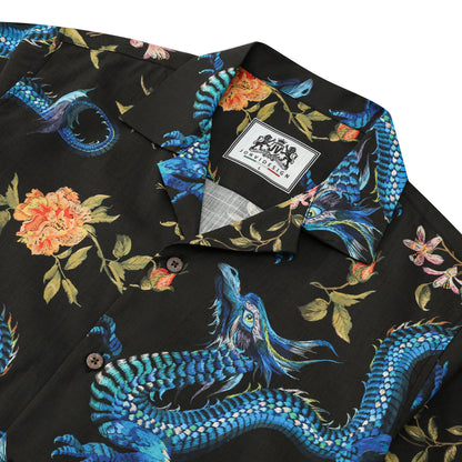 Ukiyo-e Floral Dragon Printed Camp Collar Short Sleeve Shirt