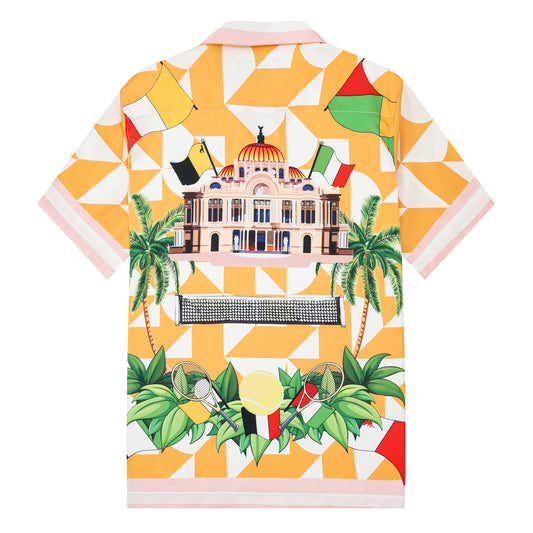 Retro Palace Tennis Coconut Tree Silk Fiber Short Sleeve Camp Collar Shirt