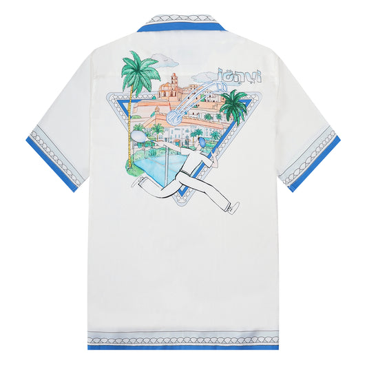 Tennis Palace Pattern Camp Collar Short Sleeve Shirt