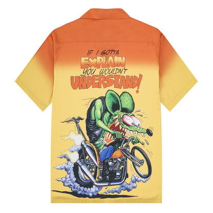 Mouse Riding Motorcycle Print Camp Collar Short Sleeve Shirt For Men