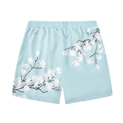 Pure White Floral Print Design Elastic Waistband Summer Casual Shorts