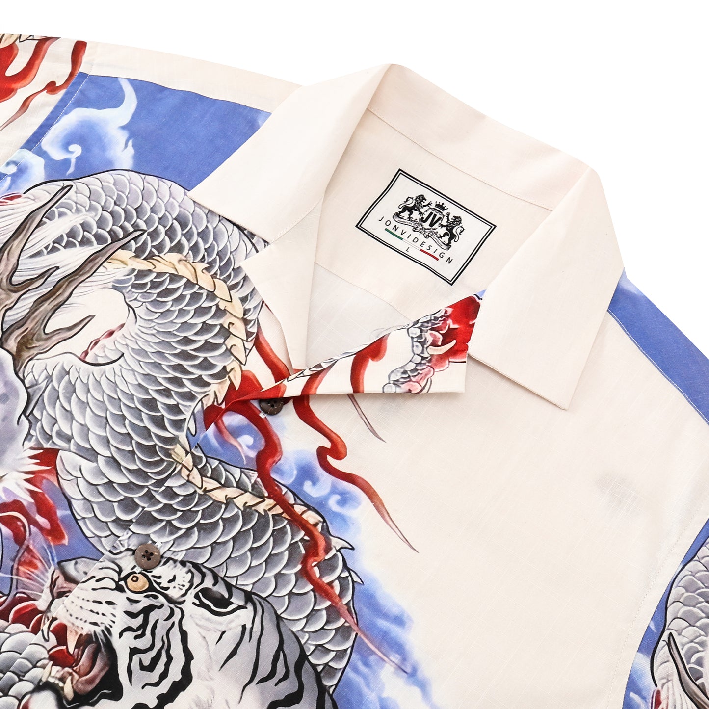 Dragon Tiger Pattern Cotton Button Short Sleeve Shirt