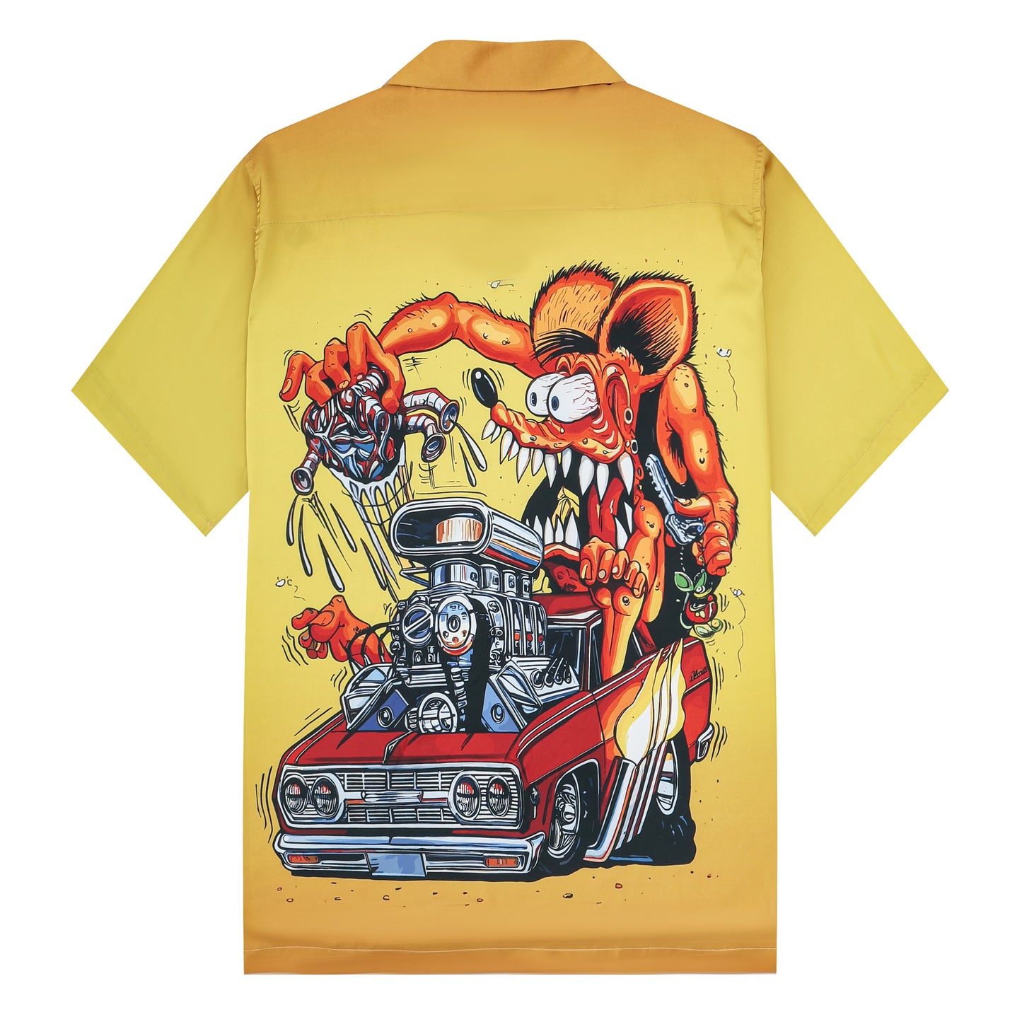 Red Modified Car Print Camp Collar Short Sleeve Shirt