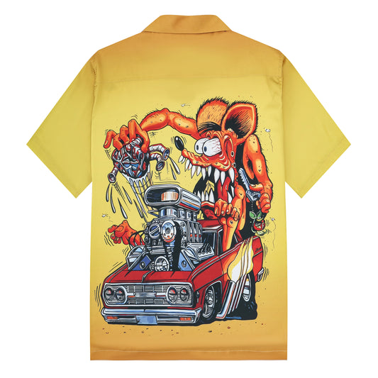 Red Modified Car Print Camp Collar Short Sleeve Shirt