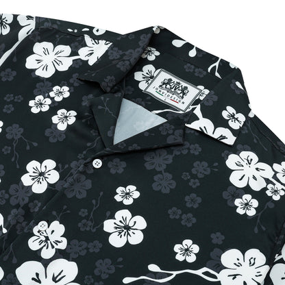 White Plum Blossom Print On Black Background Camp Collar Short Sleeve Shirt