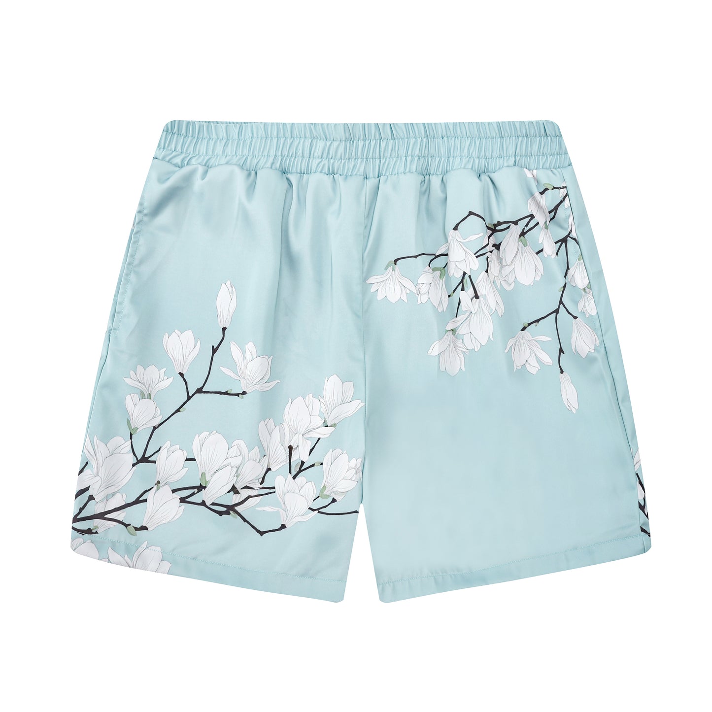 Pure White Floral Print Design Elastic Waistband Summer Casual Shorts