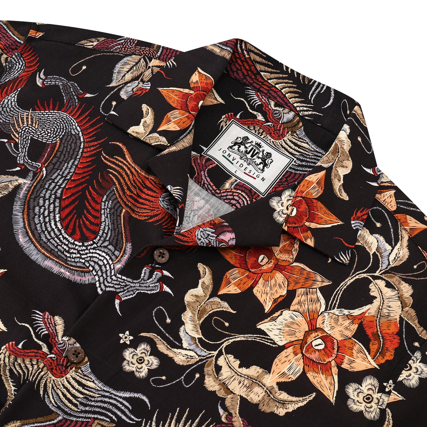 Dragon Floral Pattern Button Short Sleeve Shirt