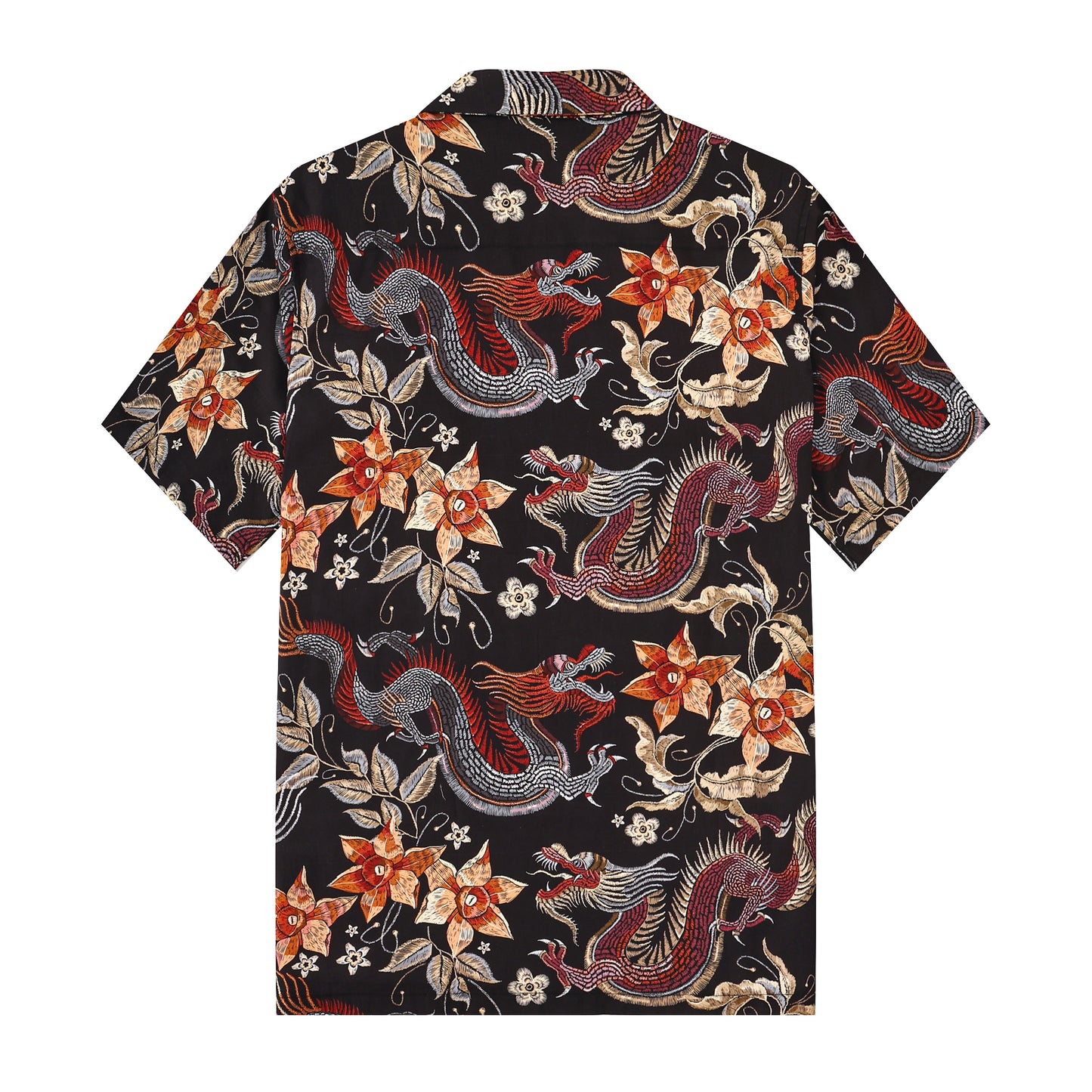 Dragon Floral Pattern Button Short Sleeve Shirt