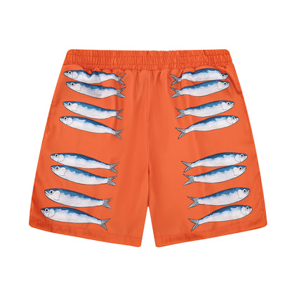 Sardine Pattern Orange Elastic Waistband Casual Shorts