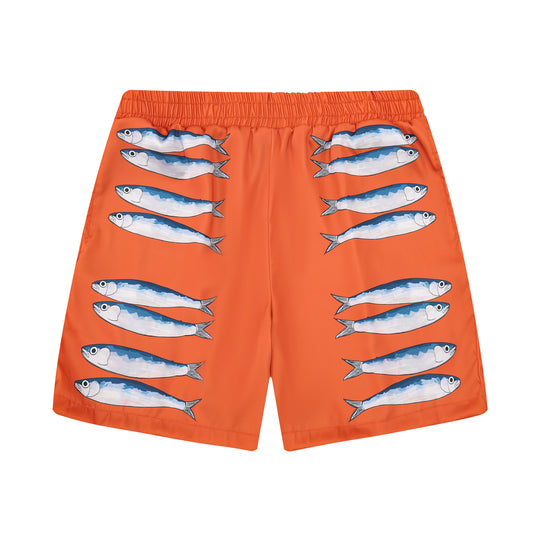 Sardine Pattern Orange Elastic Waistband Casual Shorts