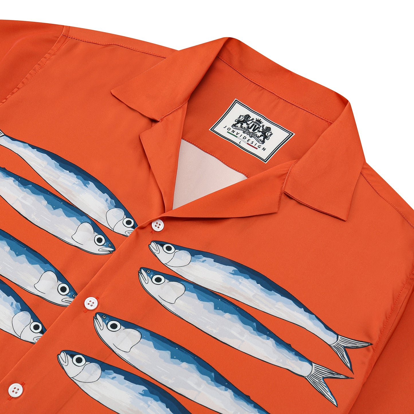 Sardine Pattern Orange  Camp Collar Short Sleeve Shirt