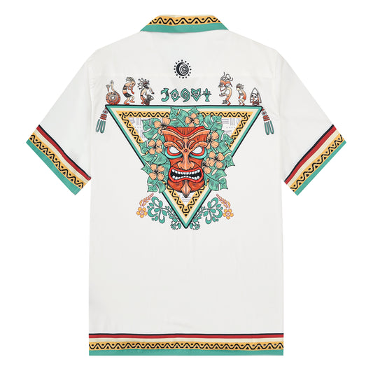 Festival Outfit Tiki Statue Pattern Short Sleeve Camp Collar Shirt