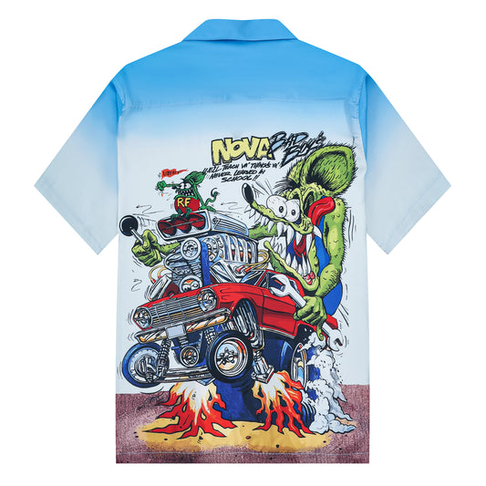 Blue Gradient Mouse Modified Car Print On Black Background Camp Collar Short Sleeve Shirt