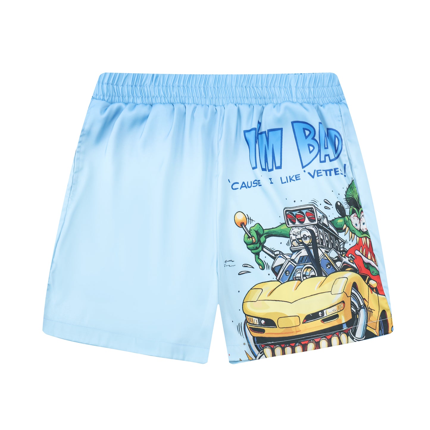 Modified Car Sky Blue Elastic Waistband Summer Casual Shorts