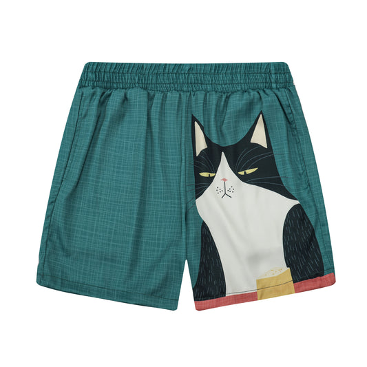 Cat Drinking Red Wine Print Elastic Waistband Summer Casual Shorts