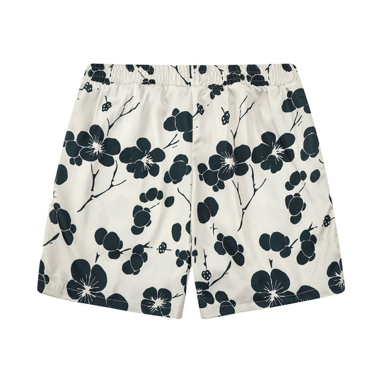 Black Plum Blossom Print Design Elastic Waistband Summer Casual Shorts