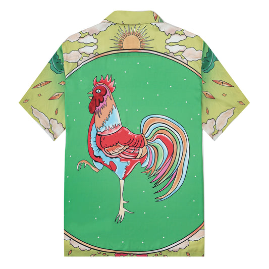 Rooster Print Camp Collar Short Sleeve Shirt