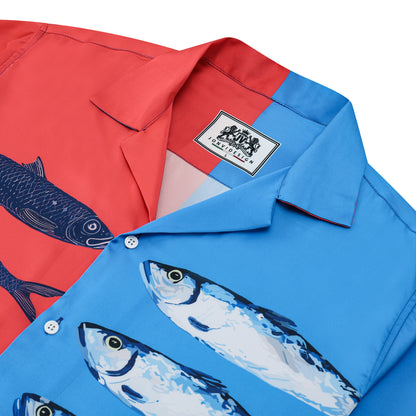 Splicing Color Sardine Print Camp Collar Short Sleeve Shirt