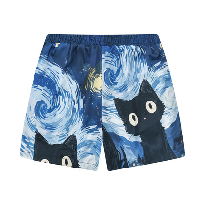 Cat Print Elastic Waistband Summer Casual Shorts Abstract Art Style