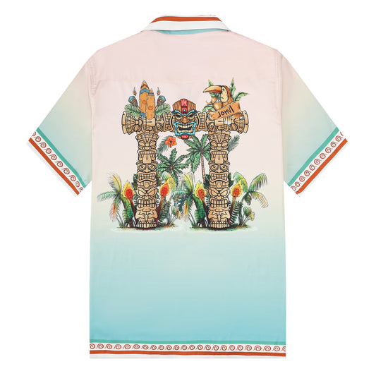 Tropical Tiki Statue Pattern Short Sleeve Camp Collar Shirt