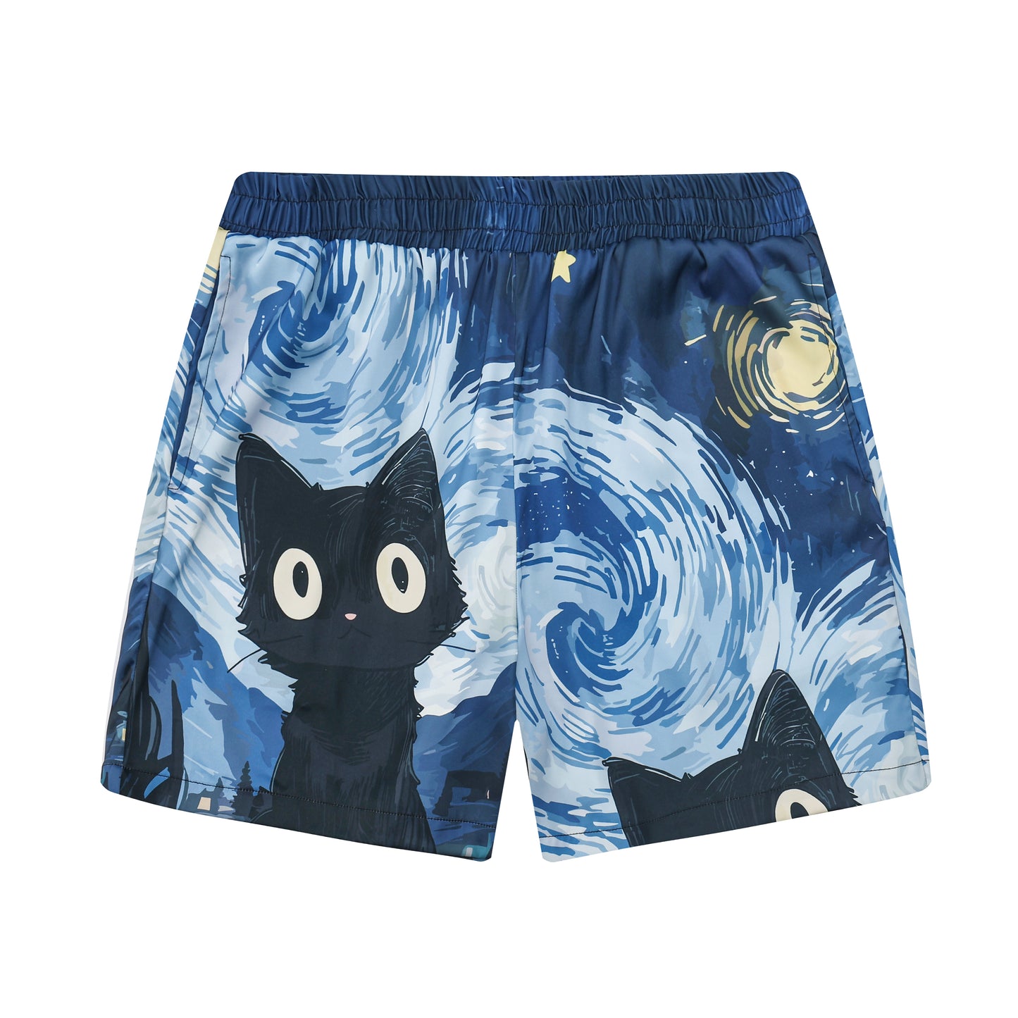 Cat Print Elastic Waistband Summer Casual Shorts Abstract Art Style