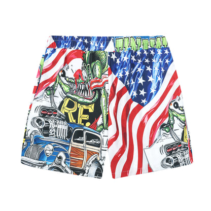 American Flag Mouse Modified Car Print Elastic Waistband Summer Casual Shorts