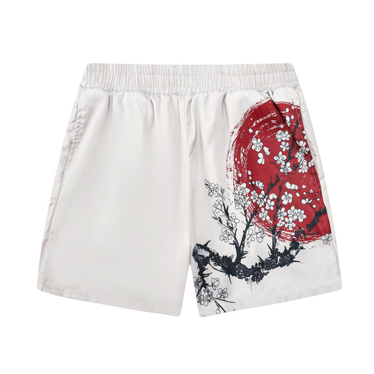 Plum Blossom Print Design Elastic Waistband Summer Casual Shorts