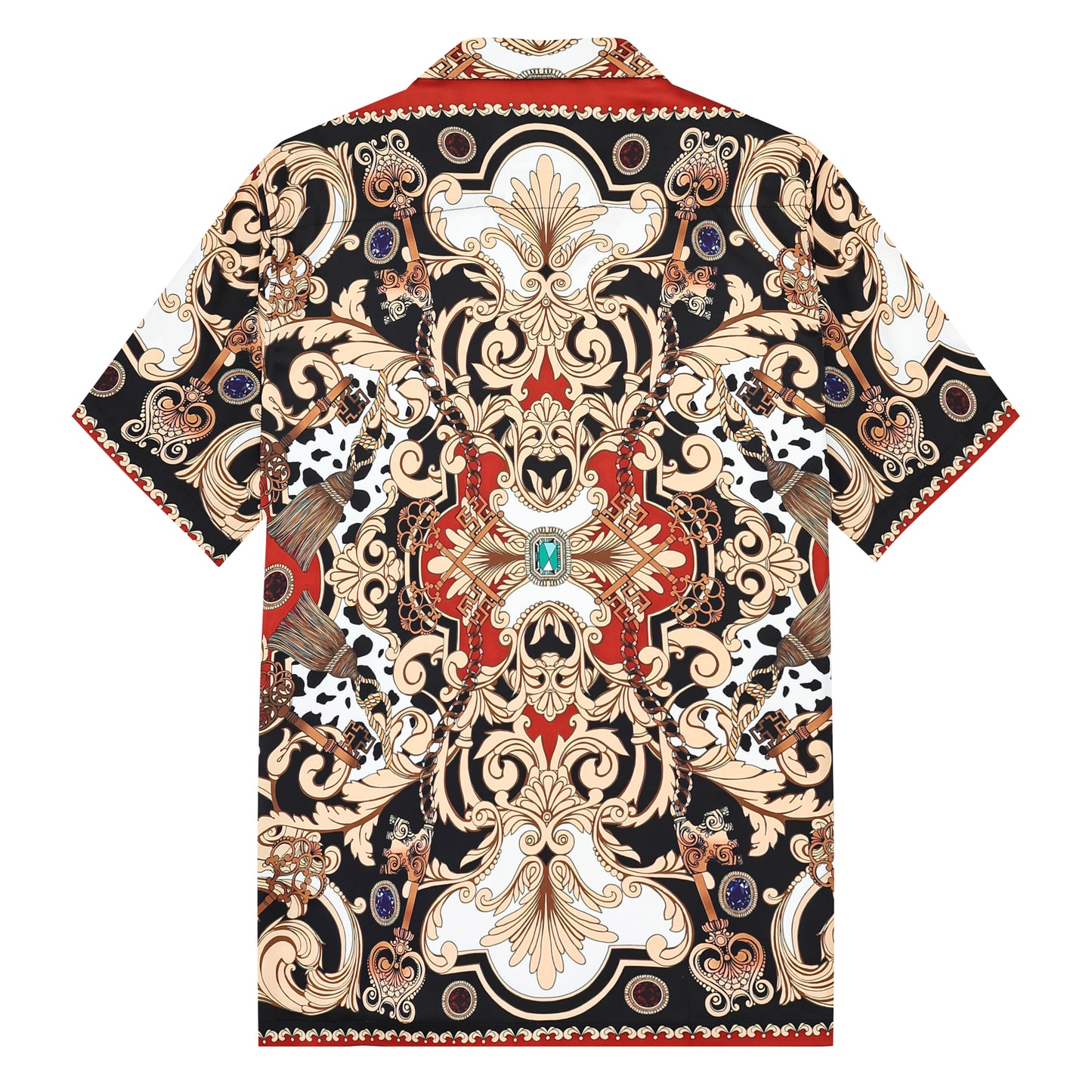 Red Baroque Pattern Camp Collar Casual Shirt for Men Jonvidesign
