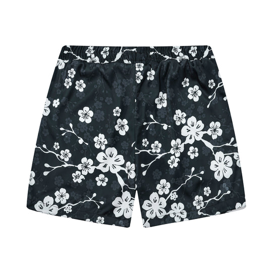 White Plum Blossom Print On Black Background Elastic Waistband Summer Casual Shorts