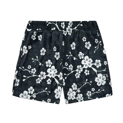 White Plum Blossom Print On Black Background Elastic Waistband Summer Casual Shorts