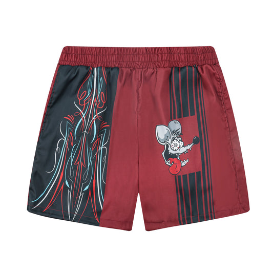 Dark Red Mouse Print Elastic Waistband Summer Casual Shorts