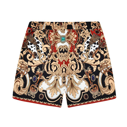 Baroque Pattern Drawstring-Free Casual Shorts in Red Jonvidesign