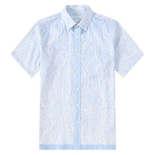 Blue Paisley Pattern Button Short Sleeve Shirt