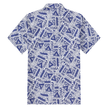 Blue Geometric Pattern Button Short Sleeve Shirt