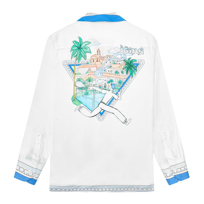 Tennis Palace Pattern Camp Collar Long Sleeve Shirt