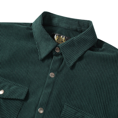 Corduroy Plain Color Snap Closure Long Sleeve Shirt-Dark Green