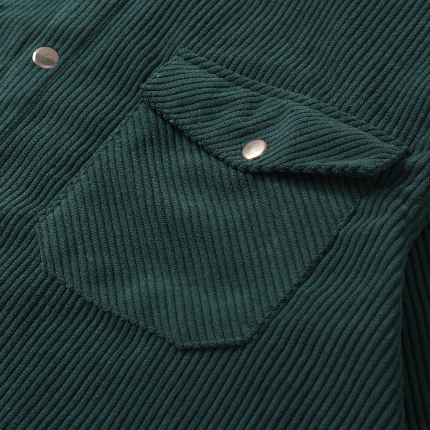 Corduroy Plain Color Snap Closure Long Sleeve Shirt-Dark Green