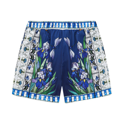 Blue Irises Floral Pattern Silk Fiber Waistband Shorts