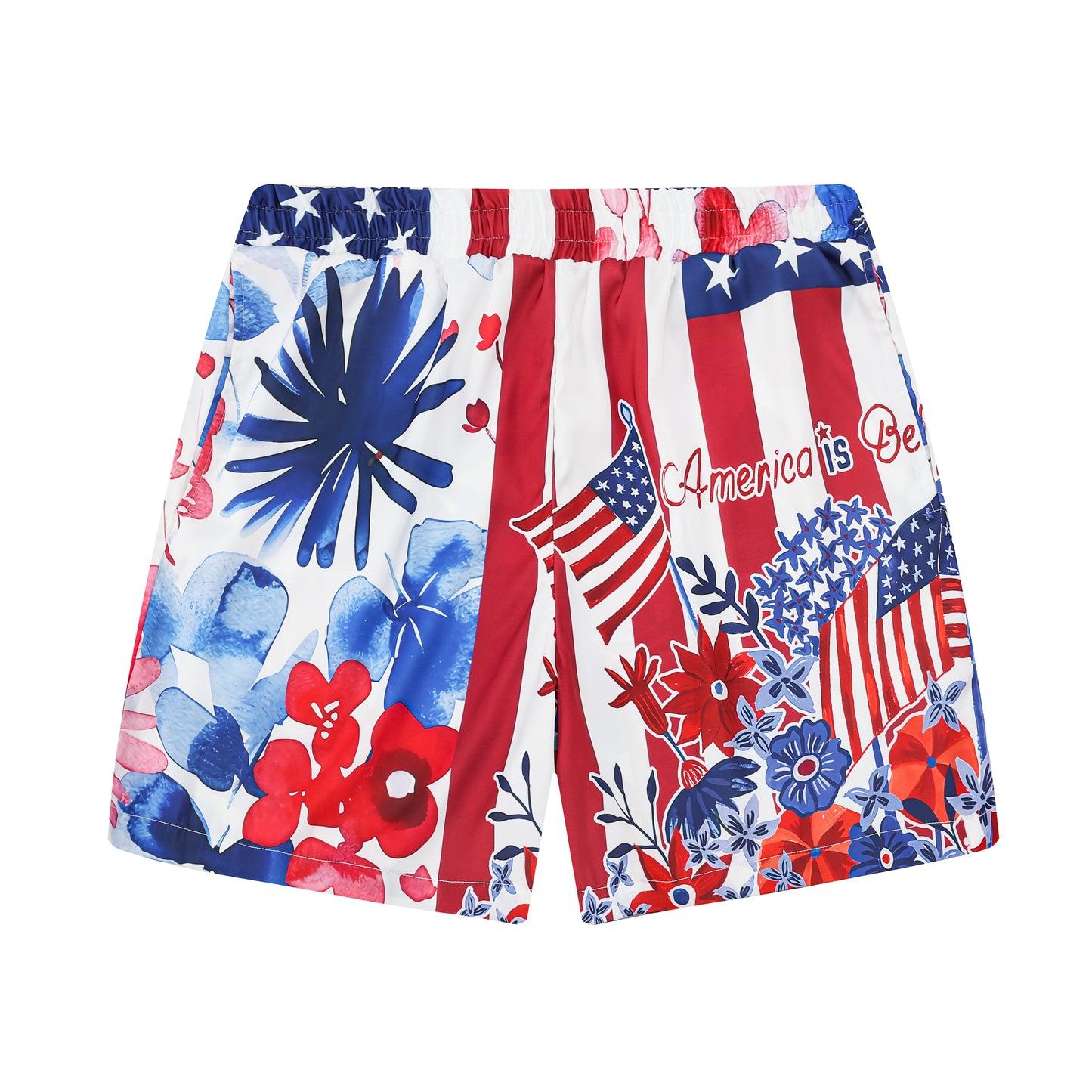 American Flag Floral Pattern Silk Fiber Waistband Shorts