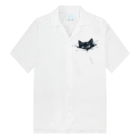 Cat Print Camp Collar Short Sleeve Shirt Simple White Style