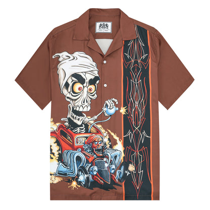 Skull Car Print Camp Collar Short Sleeve Shirt