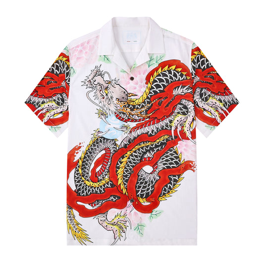 Japanese Red Tiger Printed Camp Collar Short Sleeve Shirt