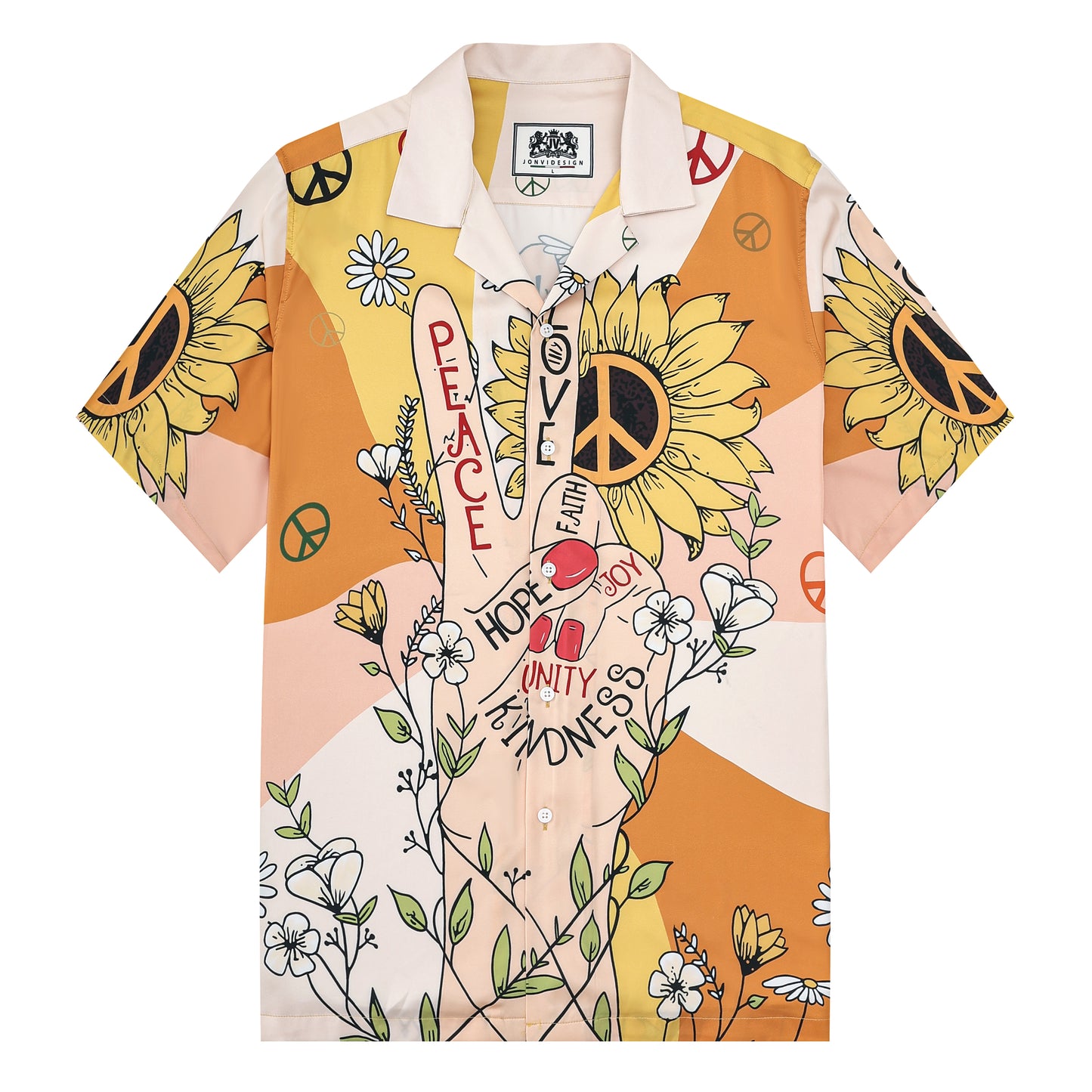 Peace And Love Sunflower Pattern Short Sleeve Camp Collar Shirt