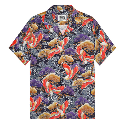 Japanese Crane Cloud Pattern Camp Collar Short Sleeve Shirt