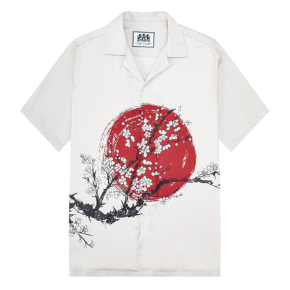 Plum Blossom Print Design Camp Collar Short Sleeve Shirt